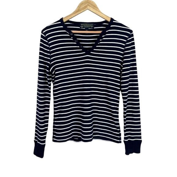 LAUREN JEANS CO. NAVY BLUE STRIPED V-NECK LONG SLEEVE TOP - Picture 1 of 7
